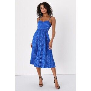 Lulus Chic Sensibility Cobalt Blue Satin Jacquard Pleated Midi Dress - Size M